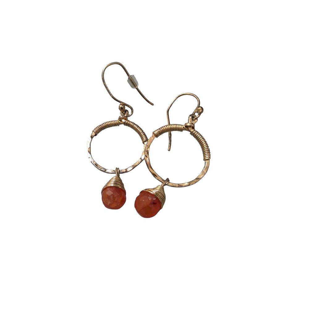 Carnelian Hammered Gold Hoop Earrings | 1.25” | Handmade | Hypoallergenic